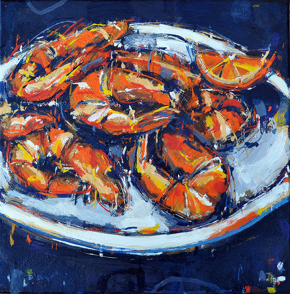 Plate of Cadmium Orange Prawns Still Life Painting